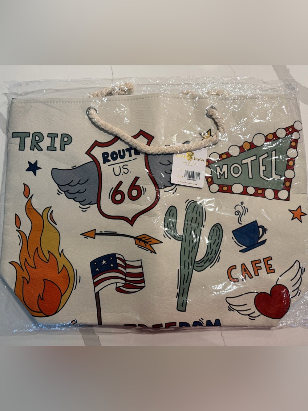Route 66 Canvas Wall Tote Bag in Cream with Multi-Color Graphics